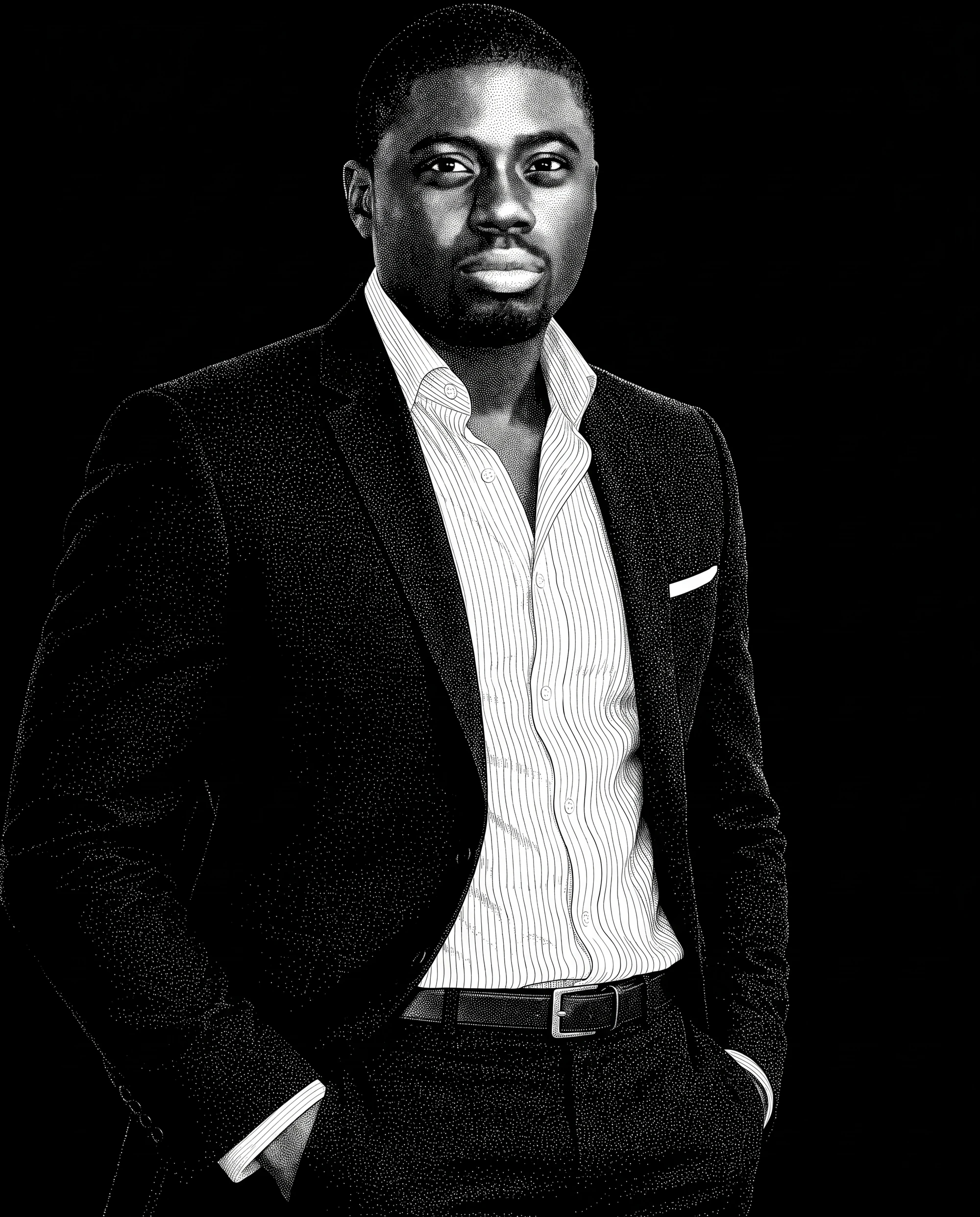 Stipple portrait of Chi Odogwu, standing in a suit
