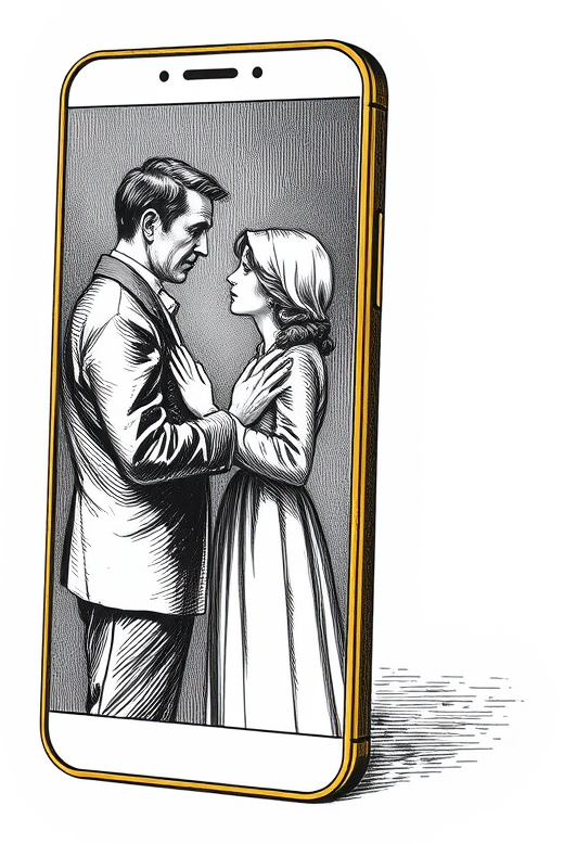 Engraving of a man and a woman in a dramatic scene on a vertical phone